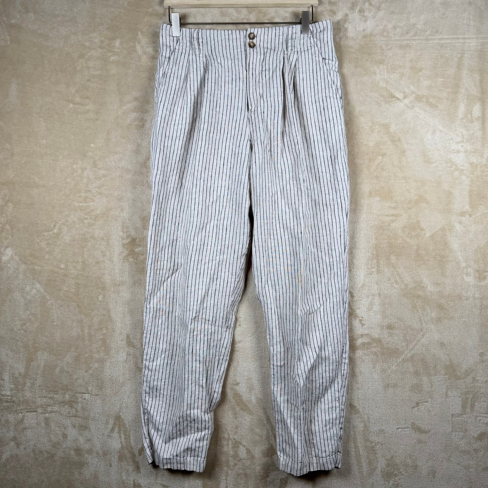 Garnet Hill Womens Size 8 Linen Pinstripe Pleated Tapered Pants Cream Black